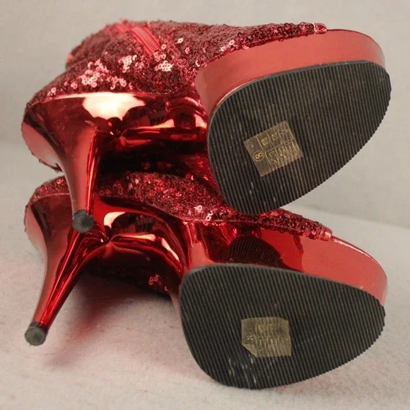 Pleaser Red Sequin Platform Ankle Boots Peep Toe Stiletto Heel Womens Size 8 - Picture 5 of 10